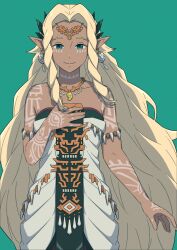 Rule 34 | 1girl, blonde hair, body markings, braided sidelock, circlet, dot nose, dress, earrings, facial mark, green background, green eyes, hinoyama kou, jewelry, long hair, looking at viewer, magatama, magatama necklace, necklace, nintendo, pointy ears, simple background, smile, solo, sonia (zelda), the legend of zelda, the legend of zelda: tears of the kingdom, very long hair, white dress