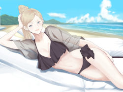 Rule 34 | 1girl, alternate hairstyle, arm support, beach, bikini, black bikini, blonde hair, blue eyes, blue sky, breasts, chair, cleavage, cloud, commentary request, day, frilled bikini, frills, hair between eyes, highres, horizon, kantai collection, long hair, looking at viewer, lounge chair, lying, medium breasts, mole, mole under eye, mole under mouth, mountain, ocean, on side, open clothes, open shirt, outdoors, ponytail, richelieu (kancolle), shingyou (alexander-13), side-tie bikini bottom, sky, solo, swimsuit, umbrella