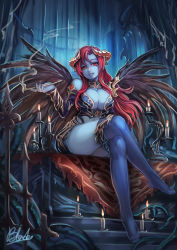 Rule 34 | 1girl, blue skin, blue thighhighs, breasts, candle, colored skin, crossed legs, demon girl, feet, horns, kiseru, large breasts, legs, long hair, looking at viewer, no shoes, original, parted lips, qblade, red eyes, red hair, signature, sitting, smile, smoke, smoking pipe, solo, thighhighs, thighs, wings
