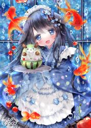 Rule 34 | 1girl, :3, air bubble, animal, animal ears, apron, black hair, blue eyes, blush, bubble, cherry, fish, food, frilled kimono, frills, fruit, goldfish, highres, holding, holding tray, japanese clothes, kimono, long hair, long sleeves, looking at viewer, maid, maid headdress, moco ofuton, open mouth, original, rabbit ears, rabbit girl, shaved ice, smile, solo, tray, very long hair, wa maid, wide sleeves