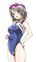 Rule 34 | 10s, 1girl, blue eyes, blue one-piece swimsuit, blush, breasts, competition swimsuit, covered navel, cowboy shot, goggles, goggles on head, hand on own hip, highres, light brown hair, looking at viewer, love live!, love live! sunshine!!, medium breasts, one-piece swimsuit, sankuro (agoitei), simple background, smile, solo, swim cap, swimsuit, swimsuit tug, watanabe you, wet, white background