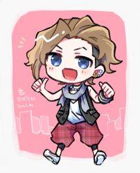 Rule 34 | 1boy, bare shoulders, black vest, blue eyes, brown hair, buttons, chibi, collar, ear piercing, earrings, eyebrows, furesawa tousai, highres, jewelry, male focus, necklace, pants, piercing, plaid, plaid pants, pointing, pointing at self, scarf, shin subarashiki kono sekai, solo, solo focus, subarashiki kono sekai, undercut, vest, white footwear, wristband