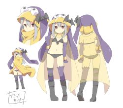 Rule 34 | 1girl, closed mouth, commentary request, copyright request, hair between eyes, hand on own hip, hat, long hair, looking at viewer, multiple views, neneko-n, simple background, stomach, swimsuit, thighhighs, white background