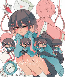 1boy 1girl a_(user_acpy4835) absurdres alarm_clock aqua_jacket backpack bag black_bag black_hair black_shorts bread bread_slice chibi chibi_inset clock closed_mouth copyright_name food hands_on_own_cheeks hands_on_own_face heart highres holding holding_bag implied_suicide iyowa_girls jacket kurari-chan_(iyowa) kyu-kurarin_(cevio) letter looking_to_the_side love_letter noose pill pink_trim shirt short_hair shorts sitting smile solo_focus squatting toast white_background white_shirt