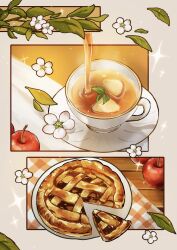 Rule 34 | absurdres, apple, apple pie, commentary request, cup, drink, flower, food, food focus, fruit, hi hiiii, highres, leaf, mug, no humans, original, pie, plate, sparkle, tea, white flower