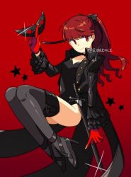 Rule 34 | 1girl, black leotard, black thighhighs, boots, bow, coattails, cropped jacket, frilled sleeves, frills, full body, gloves, high heel boots, high heels, lens flare, leotard, long hair, mask, unworn mask, persona, persona 5, persona 5 the royal, ponytail, red background, red eyes, red gloves, red hair, roirence, simple background, solo, star (symbol), thighhighs, yoshizawa kasumi