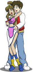 Rule 34 | 1boy, 1girl, absurdres, arms around neck, blue eyes, breasts, brown hair, captain n, captain n the game master, crown, earrings, full body, grin, hand on another&#039;s hip, highres, hug, hug from behind, jacket, jewelry, kevin keene, legs, lipstick, long hair, makeup, midriff, navel, necklace, nes zapper, open mouth, princess lana, skirt, smile, standing, toy gun