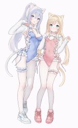 Rule 34 | 2girls, :o, absurdres, animal ears, aqua eyes, arm around waist, blonde hair, blue eyes, blue leotard, blush, braid, breasts, bridal garter, cat ears, cat girl, cat tail, cleavage, closed mouth, covered navel, cross-laced clothes, gluteal fold, grey hair, hair intakes, highres, leotard, long hair, long sleeves, looking at viewer, low twintails, medium breasts, multiple girls, nami (nyaa), open mouth, original, pantyhose, pink footwear, pink leotard, ponytail, shoes, shrug (clothing), simple background, small breasts, sneakers, tail, thigh gap, twin braids, twintails, white background, white footwear, white pantyhose