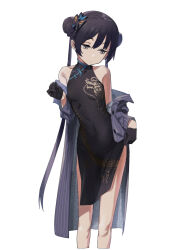 Rule 34 | 1girl, bare shoulders, black dress, black gloves, blue archive, breasts, butterfly hair ornament, china dress, chinese clothes, covered navel, dragon print, dress, gloves, grey eyes, grey jacket, hair ornament, jacket, kisaki (blue archive), long hair, looking to the side, ningen (ningen96), print dress, simple background, sleeveless, sleeveless dress, small breasts, solo, standing, striped clothes, striped jacket, thighs, twintails, vertical-striped clothes, vertical-striped jacket, white background