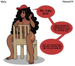 Rule 34 | 1girl, black hair, bro-girl, casual nudity, chair, dark skin, hat, nude