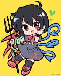 Rule 34 | 1girl, :d, ahoge, asymmetrical wings, black dress, black hair, black legwear, blue wings, bow, bowtie, center frills, chibi, dress, footwear bow, frills, full body, heart, highres, houjuu nue, looking at viewer, nue day, open mouth, polearm, ramudia (lamyun), red bow, red bowtie, red eyes, red footwear, red wings, short hair, simple background, smile, snake armband, solo, touhou, trident, twitter username, weapon, wings, wristband, yellow background