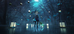 Rule 34 | 1boy, absurdres, aqua theme, artist name, blurry, chinese commentary, commentary request, facing away, full body, genshin impact, green hair, highres, leaf, lifeline (a384079959), long hair, male focus, obon, scenery, solo, standing, tagme, tree, wide shot, xiao (genshin impact)