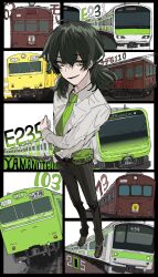 1boy ahoge augustin_tea belt_pouch black_hair black_pants collared_shirt green_eyes green_necktie highres japan_railways jr_103_series jr_205_series jr_east_e231_series jr_east_e235_series long_hair low_twintails medium_hair multiple_unit_train necktie pants pouch shirt shoes smile solo train twintails white_shirt wipers