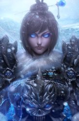 Rule 34 | 1girl, 2018, armor, blizzard (company), blue eyes, breastplate, commentary, company connection, crossover, dark persona, death knight, eyebrows, fur-trimmed jacket, fur trim, fusion, glowing, glowing eyes, hair bun, hair ornament, hair stick, highres, jacket, karn kirk ratanasin, lips, looking at viewer, mei (overwatch), overwatch, overwatch 1, pauldrons, serious, shoulder armor, signature, single hair bun, snow, solo, warcraft, world of warcraft