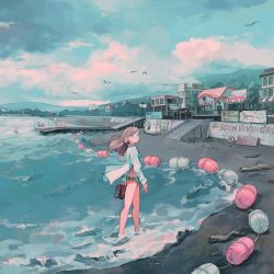 Rule 34 | 1girl, absurdres, beach, bikini, bird, building, cloud, cloudy sky, commentary request, english text, green bikini, highres, hill, holding, holding clothes, holding footwear, huge filesize, kumomachi, long sleeves, open clothes, open shirt, original, outdoors, plant, sandals, unworn sandals, scenery, shirt, side-tie bikini bottom, sign, sky, soaking feet, solo, stairs, stick, swimsuit, tree, wading, white shirt, wide shot, wind