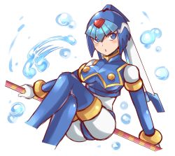 Rule 34 | 1girl, android, blue eyes, bodysuit, breasts, bubble, cropped legs, helmet, highres, himurororo, holding, holding weapon, large breasts, crossed legs, fairy leviathan (mega man), polearm, mega man (series), mega man zero (series), simple background, solo, thighhighs, water, weapon, white background