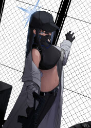 Rule 34 | 1girl, bare shoulders, baseball cap, black gloves, black hair, black hat, black pants, black shirt, blue archive, blue eyes, breasts, chain-link fence, coat, commentary request, cowboy shot, crop top, fence, gloves, grey coat, hair between eyes, hat, highres, large breasts, leggings, long hair, long sleeves, mask, midriff, mouth mask, navel, off shoulder, open clothes, open coat, oregano (olgn eao), pants, partial commentary, saori (blue archive), shirt, sleeveless, sleeveless shirt, solo, standing, stomach, very long hair