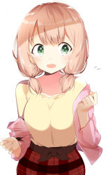 Rule 34 | 1girl, absurdres, blush, breasts, collarbone, copyright request, flying sweatdrops, green eyes, hand up, highres, jacket, kura ekaki, large breasts, light brown hair, long hair, looking at viewer, off shoulder, open clothes, open jacket, open mouth, pink jacket, plaid, plaid skirt, red skirt, simple background, skirt, solo, white background, yellow skirt