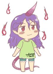 Rule 34 | 1girl, anonymous (japanese), barefoot, blush, closed mouth, clothes writing, full body, green shirt, green shorts, gyate gyate, horns, jaggy lines, long hair, pointy ears, purple hair, red eyes, red horns, shirt, short sleeves, shorts, single horn, solo, tail, tenkajin chiyari, touhou, transparent background, unfinished dream of all living ghost