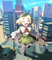 Rule 34 | 1girl, beret, black footwear, blonde hair, blouse, building, city, closed eyes, dress, fate/grand order, fate (series), giant, giantess, green hat, green skirt, hat, honchu, long sleeves, mary janes, neck ribbon, open mouth, overall skirt, paul bunyan (fate), red ribbon, ribbon, shirt, shoes, short hair, skirt, smile, solo, white dress, white shirt