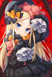 Rule 34 | 1girl, :&lt;, abigail williams (fate), arm up, black bow, black dress, black hat, blonde hair, blue eyes, blush, bow, bug, butterfly, closed mouth, commentary, dress, fate/grand order, fate (series), forehead, hat, head tilt, hitsukuya, hugging object, insect, long hair, long sleeves, looking at viewer, noose, on head, orange bow, parted bangs, red background, rope, sleeves past fingers, sleeves past wrists, solo, stuffed animal, stuffed toy, teddy bear, very long hair