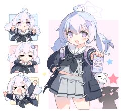 Rule 34 | &gt; &lt;, 2girls, :q, ahoge, anger vein, angry, animal ears, backpack, bag, bag charm, black coat, black neckerchief, blue archive, blue hair, blush, cat ears, cat girl, charm (object), chibi, claw pose, coat, commentary request, expressions, furrowed brow, grey shirt, grey skirt, hair ornament, halo, highres, holding, holding letter, kazusa (blue archive), letter, long hair, long sleeves, low twintails, midriff peek, miniskirt, multicolored hair, multiple girls, multiple views, neckerchief, open clothes, open coat, outstretched arm, pink bag, pink hair, pleated skirt, purple eyes, raised eyebrows, reisa (blue archive), sailor collar, saru, school uniform, serafuku, shirt, silhouette, skirt, smile, star (symbol), star hair ornament, stuffed animal, stuffed toy, tongue, tongue out, twintails, two-tone hair, v-shaped eyebrows, white sailor collar