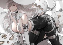 Rule 34 | 1girl, all fours, ass, bare shoulders, blush, breasts, butt crack, chain, cleavage, closed eyes, detached collar, dishwasher1910, guilty gear, hat, high-waist pants, highres, jack-o&#039; valentine, large breasts, long hair, no panties, pants, solo, thighs, witch hat
