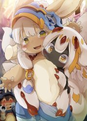 Rule 34 | 1boy, 1girl, 1other, black hair, black skin, blush, body fur, brown fur, colored eyelashes, colored skin, dagashi (daga2626), extra arms, faputa, furry, furry female, hat, highres, looking at another, made in abyss, nanachi (made in abyss), open mouth, regu (made in abyss), short hair, smile, stomach, whiskers, white fur, white hair, yellow eyes