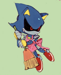 Rule 34 | 1boy, 9474s0ul, animal ears, apron, broom, commentary, english commentary, full body, green background, holding, holding broom, male focus, metal sonic, pink apron, red eyes, robot, simple background, solo, sonic (series)