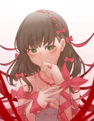 Rule 34 | 1girl, absurdres, bags under eyes, blush, bow, braid, brown hair, camisole, collarbone, enushi, gradient background, green eyes, hair bow, heart, heart-shaped pupils, highres, idolmaster, idolmaster cinderella girls, looking at viewer, red bow, red ribbon, ribbon, sakuma mayu, simple background, solo, string, string of fate, symbol-shaped pupils, too many ribbons, upper body, white camisole