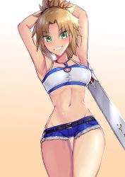 Rule 34 | 1girl, absurdres, armpits, blonde hair, blue shorts, blush, breasts, clarent (fate), cutoff jeans, cutoffs, eyes visible through hair, fate/grand order, fate (series), green eyes, grin, highres, holding, holding sword, holding weapon, jo (pixiv29989419), lowleg, lowleg shorts, messy hair, micro shorts, midriff, mordred (fate), mordred (fate/apocrypha), mordred (memories at trifas) (fate), navel, parted bangs, shirt, short hair, short ponytail, shorts, sleeveless, sleeveless shirt, small breasts, smile, solo, sword, thigh gap, weapon, white shirt