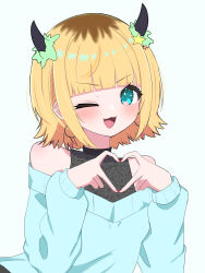 Rule 34 | 1girl, :3, absurdres, bare shoulders, blonde hair, blue eyes, blue sweater, blunt bangs, blush, collarbone, commentary request, demon horns, earrings, fake horns, fang, heart, heart hands, highres, horns, jewelry, long sleeves, looking at viewer, mem-cho, multicolored hair, nail polish, no pupils, off-shoulder sweater, off shoulder, one eye closed, open mouth, oshi no ko, partial commentary, puffy sleeves, red nails, roots (hair), short hair, sidelocks, simple background, smile, solo, sweater, upper body, white background, yuu (yuu1601)