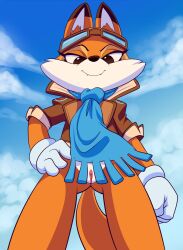 Rule 34 | 10s, 1girl, 2018, ass, bottomless, brown eyes, brown fur, fangs, female, fox, fur, furry, gloves, goggles, half-closed eyes, highres, lonbluewolf, looking at viewer, looking down, lyra swiftail, orange fur, pussy, scarf, solo, super lucky&#039;s tale, teeth, white fur