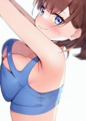 Rule 34 | 1girl, armpits, arms up, ayamy, ayamy (vtuber), bare shoulders, blue eyes, breasts, brown hair, cleavage, crop top, from side, highres, indie virtual youtuber, large breasts, long hair, looking at viewer, looking to the side, midriff, simple background, sleeveless, smile, solo, sports bra, sweatdrop, upper body, virtual youtuber, wavy mouth, white background