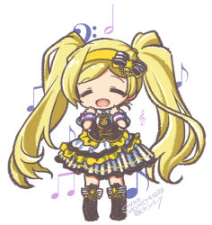 Rule 34 | 1girl, bass clef, beamed eighth notes, blonde hair, blush, boots, chibi, closed eyes, eighth note, emily stewart, full body, hands up, idolmaster, idolmaster million live!, long hair, musical note, open mouth, parfait noir (idolmaster), skirt, smile, solo, striped clothes, striped skirt, treble clef, twintails, wristband, yukimiya chino