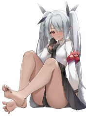 Rule 34 | 1girl, absurdres, barefoot, blue archive, feet, grey hair, highres, iori (blue archive), light blush, long hair, pointy ears, red eyes, soles, toes, twintails, white background, yanwulazy