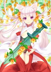 Rule 34 | 1girl, animal ears, bare shoulders, breasts, cameltoe, chinese lantern (plant), detached sleeves, fox ears, fox tail, ground cherry, japanese clothes, leotard, light particles, long hair, miko, mitani kitsune, original, pink hair, purple eyes, small breasts, smile, solo, sword, tail, thigh gap, underboob, weapon