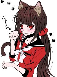 Rule 34 | 1girl, animal ears, black sailor collar, blush, bow, bowtie, brown hair, cat ears, cat girl, cat tail, cropped torso, danganronpa (series), danganronpa v3: killing harmony, hair ornament, hair scrunchie, harukawa maki, highres, low twintails, mole, mole under eye, paw pose, red eyes, red scrunchie, red shirt, sailor collar, satori (aosky9077), scrunchie, shirt, simple background, solo, tail, twintails, upper body, wavy mouth, white background, white bow, white bowtie