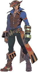 Rule 34 | 1boy, arms at sides, black hair, boots, brown hair, coat, colored tips, full body, gauntlets, gloves, greg russellberg, hat, jewelry, male focus, multicolored hair, necklace, official art, pants, sasaki tomomi, scan, simple background, smile, solo, tomomi sasaki, wild arms, wild arms 5