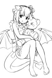 Rule 34 | 1girl, :t, apron, barefoot, commentary, demon girl, demon horns, demon tail, demon wings, hugging doll, full body, greyscale, horns, lilim (monster girl encyclopedia), looking at viewer, maritan (pixelmaritan), monochrome, monster girl encyclopedia, hugging object, original, pout, runa, sketch, solo, stuffed animal, stuffed toy, tail, wings