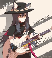 Rule 34 | 1girl, album cover, animal ears, arknights, black hair, character name, cover, cowboy hat, electric guitar, english text, fender stratocaster, fingerless gloves, food, food in mouth, gloves, guitar, hat, highres, instrument, name connection, parody, pocky, pun, shinkuro sanagi, solo, stevie ray vaughan, strap slip, texas (arknights), wolf ears, yellow eyes