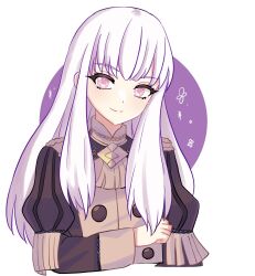 Rule 34 | 1girl, buttons, closed mouth, commentary request, eyelashes, fire emblem, fire emblem: three houses, garreg mach monastery uniform, highres, long hair, lysithea von ordelia, n 54, nintendo, pink eyes, puffy sleeves, purple background, sidelocks, smile, solo, two-tone background, upper body, white background, white hair