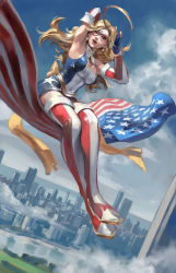 Rule 34 | 1girl, american flag, american flag legwear, american flag print, arm up, armpits, bare shoulders, blonde hair, blue eyes, blush, boots, breasts, charlotte vanders, city, cityscape, cleavage, clenched hand, commentary, cover image, covered erect nipples, domino mask, elbow gloves, english commentary, fingerless gloves, flag, flag print, flying, gloves, highres, junny, kamen america, kamen america (comic), large breasts, lips, long hair, mask, official art, one eye closed, panties, print footwear, red thighhighs, sash, scarf, signature, smile, solo, striped clothes, striped thighhighs, superhero costume, thick thighs, thigh boots, thighhighs, thighs, toned, underwear, yellow sash