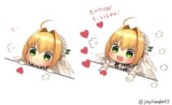 Rule 34 | 1girl, :&lt;, ahoge, arrow (symbol), blonde hair, blush, bongo cat, chain, closed mouth, dress, fate/extra, fate/extra ccc, fate (series), flower, gloves, green eyes, hair between eyes, hair intakes, heart, highres, meme, nero claudius (bride) (fate), nero claudius (fate), nero claudius (fate) (all), open mouth, round teeth, sidelocks, simple background, teeth, translation request, twitter, twitter username, upper teeth only, veil, white background, white dress, white flower, white gloves, yayoi maka