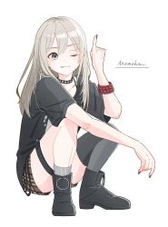 Rule 34 | 1girl, black choker, black footwear, black nails, black shirt, black thighhighs, boots, brown skirt, character name, choker, closed mouth, commentary request, full body, girls band cry, grey eyes, grey hair, highres, kawaragi momoka, long hair, multicolored hair, o macaroni o, one eye closed, pinky out, plaid, plaid skirt, roots (hair), shirt, short sleeves, simple background, single thighhigh, skirt, solo, squatting, thigh strap, thighhighs, tongue, tongue out, white background