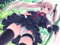Rule 34 | &gt;:), 1girl, black thighhighs, blonde hair, bow (weapon), branch, bridal garter, crin, dutch angle, elf, forest, from below, game cg, gloves, gothic lolita, hair ribbon, hand on own hip, highres, kannatsuki noboru, lolita fashion, long hair, looking at viewer, looking down, maou to odore! ii, nature, panties, pantyshot, pointy ears, red eyes, ribbon, solo, standing, thigh strap, thighhighs, twintails, underwear, upskirt, v-shaped eyebrows, weapon, white panties