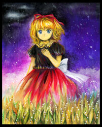 Rule 34 | 1girl, back bow, black border, black shirt, blonde hair, blue eyes, border, bow, closed mouth, flower, hair ribbon, hand up, lily of the valley, looking at viewer, medicine melancholy, medinki, puffy short sleeves, puffy sleeves, red ribbon, red skirt, ribbon, shirt, short hair, short sleeves, skirt, solo, star (sky), touhou, white bow