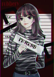 Rule 34 | 1girl, absurdres, akudama drive, arm behind back, black eyes, black hair, black shirt, earrings, height chart, highres, jewelry, looking at viewer, multicolored hair, red background, shirt, smile, solo, standing, streaked hair, striped clothes, striped shirt, stud earrings, swindler (akudama drive), tooshy