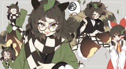 Rule 34 | 2girls, :3, animal ears, ascot, bottle, bow, brown eyes, brown hair, brown skirt, checkered clothes, checkered scarf, detached sleeves, futatsuiwa mamizou, glasses, grey background, hair bow, hakurei reimu, japanese clothes, leaf, leaf on head, long hair, looking at viewer, multiple girls, multiple views, piyokichi, raccoon ears, raccoon tail, red bow, red skirt, sake bottle, scarf, sidelocks, simple background, sitting, skirt, smile, tail, touhou, yellow ascot