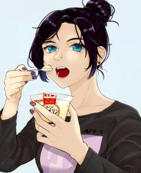 Rule 34 | 1girl, animification, apex legends, black hair, black shirt, blouse, blue background, blue eyes, cha men koi, collarbone, cup, earrings, eating, food, highres, holding, holding cup, holding spoon, jewelry, nail polish, nose piercing, off shoulder, open mouth, piercing, portrait, pudding, purple nails, shirt, solo, spoon, wraith&#039;s kunai, wraith (apex legends)